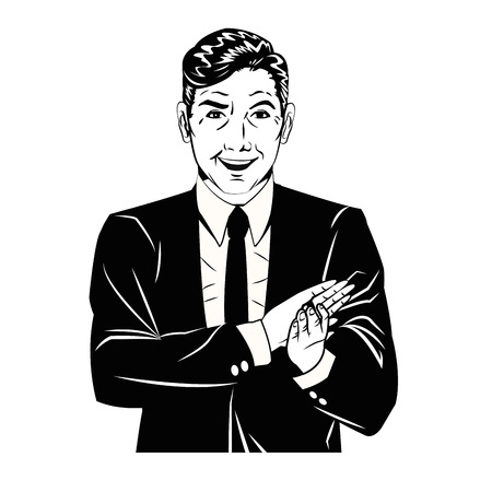 man applauds comic style black and white vector illustrationのイラスト素材