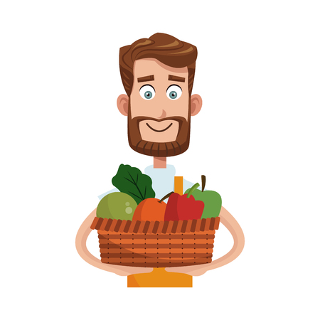 gardener man with basket with vegetables over white background. colorful design. vector illustrationのイラスト素材