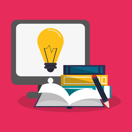 books and monitor computer with bulb light icon on screen over pink background. colorful design. vector illustrationのイラスト素材