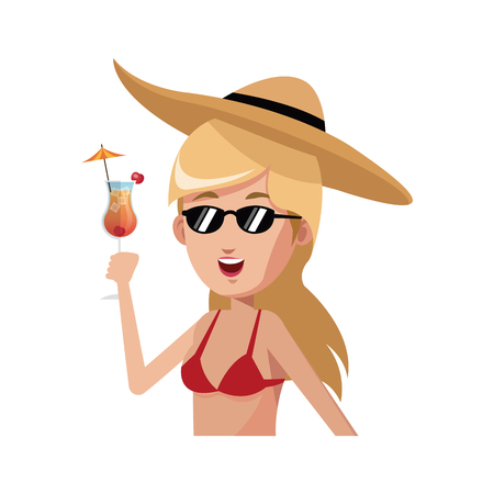 girl in bikini holding a cocktail drink icon over white background. colorful design. vector illustrationのイラスト素材