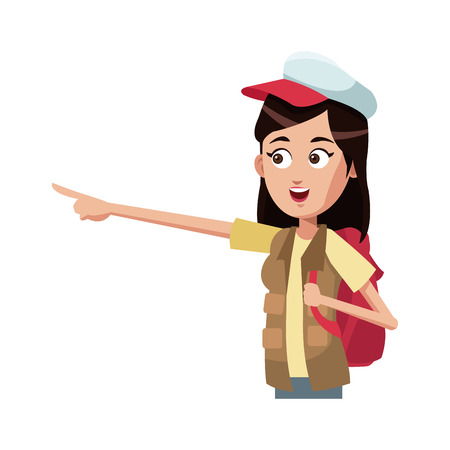tourist girl with a backpack and cap icon over white background. colorful design. vector illustrationのイラスト素材