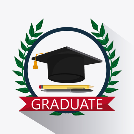 graduation cap wreath pencil pen graduate university grad icon. Colorfull and flat illustration. Vector graphicのイラスト素材