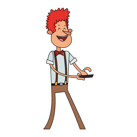 laughing red hair man holding cellphone cartoon icon image vector illustration designのイラスト素材