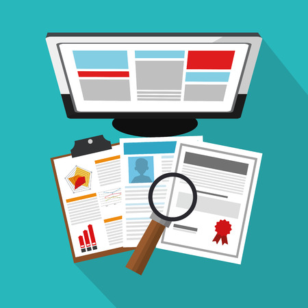 Computer and curriculum vitae over blue background. human resources concept. colorful design. vector illustrationのイラスト素材