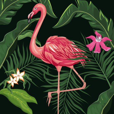 flamingo exotic tropical bird flower and leaves vector illustration eps 10のイラスト素材