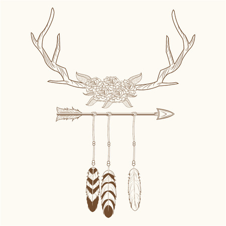 free spirit horns with feathers style rustic vector illustration eps 10のイラスト素材