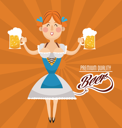woman girl cartoon beer drink alcohol beverage oktoberfest festival icon. Colorful design. Vector illustrationのイラスト素材