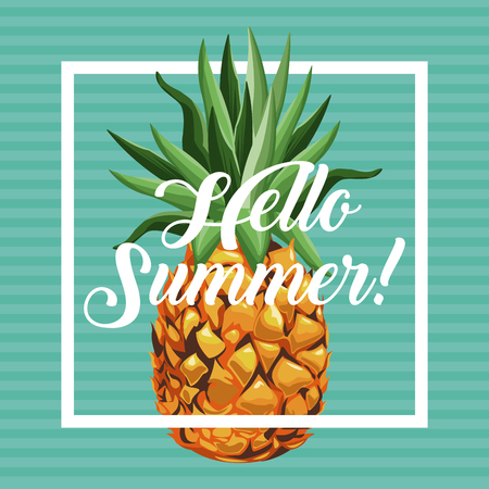 Hello summer pineapple fresh fruit cardのイラスト素材
