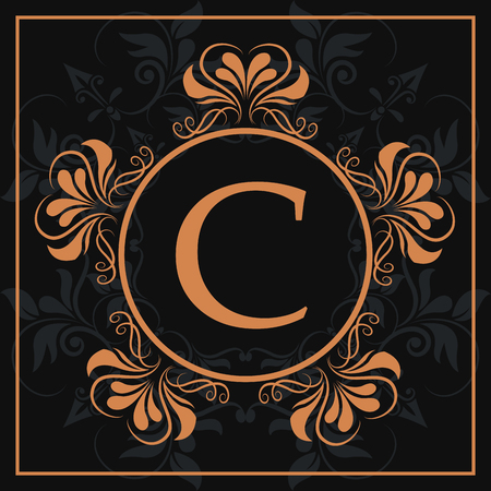 Florishes gold letter C calligraphic heraldic dark background vector illustrationのイラスト素材