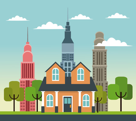 traditional home with skyscrapers building road trees design vector illustrationのイラスト素材