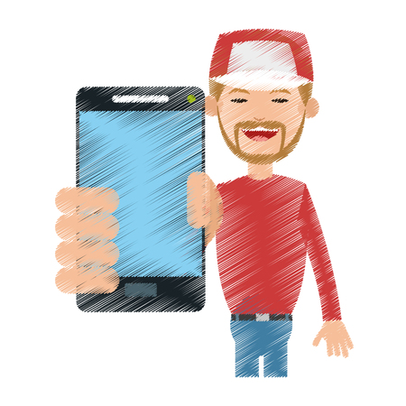 Man with baseball hat  using phone icon image vector illustration design.のイラスト素材