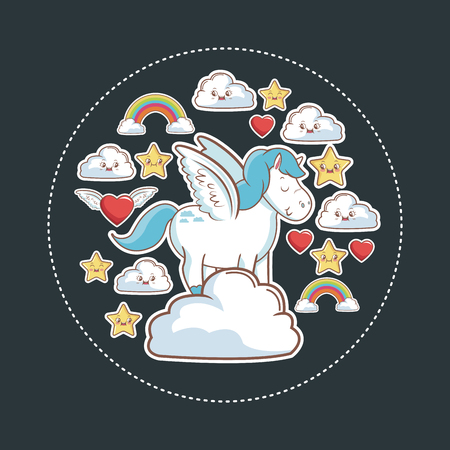 unicorn magic fantasy with kawaii star cloud rainbow heart vector illustrationのイラスト素材