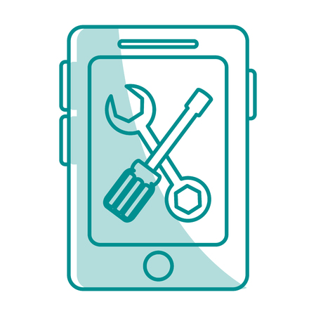 blue silhouette shading of smartphone device with set wrench and screwdriver on display vector illustrationのイラスト素材