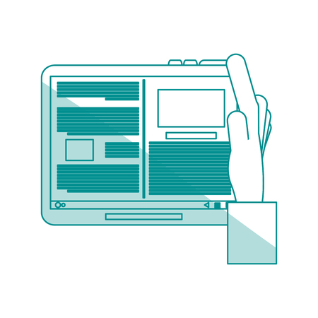 blue silhouette shading hand holding a display computer with information in screen vector illustrationのイラスト素材