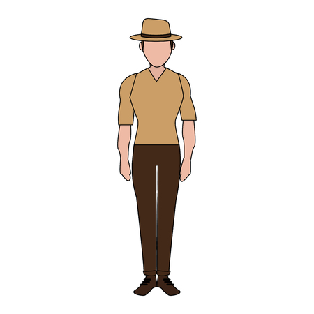 color image silhouette full body faceless explorer man with hat vector illustrationのイラスト素材