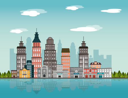 city landscape building downtown river tree design vector illustrationのイラスト素材