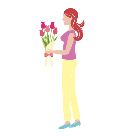 cartoon woman with bouquet flower vector illustrationのイラスト素材
