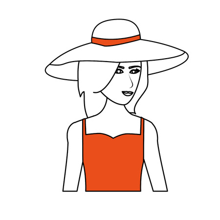 color silhouette image cartoon half body woman with beach hat and casual clothing vector illustrationのイラスト素材