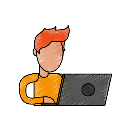 color pencil image cartoon faceless half body man with laptop computer vector illustrationのイラスト素材