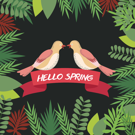 Hello spring greeting card couple bird ribbon image vector illustrationのイラスト素材