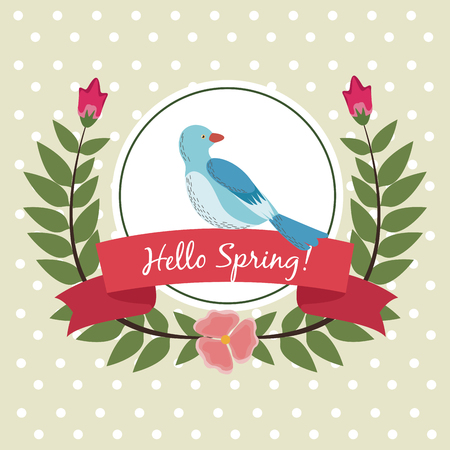 Hello spring greeting card bird leaves wreath flower ribbon label vector illustrationのイラスト素材