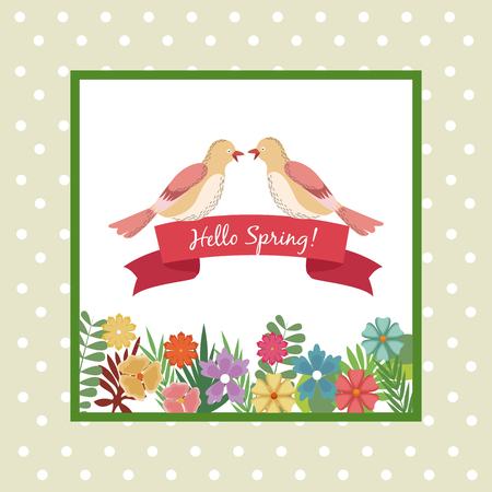 Hello spring greeting card couple bird ribbon flower dots bakcground vector illustrationのイラスト素材