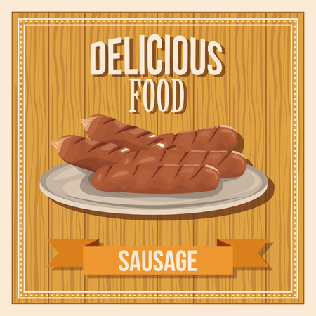 Delicious food. sausages fast food. poster wooden background vector illustrationのイラスト素材