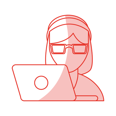 red shading silhouette cartoon half body woman customer service with laptop and headphones vector illustrationのイラスト素材