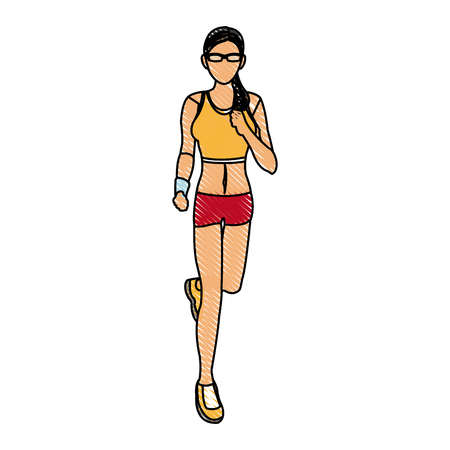 drawing woman training run with wearable technology headphones vector illustrationのイラスト素材