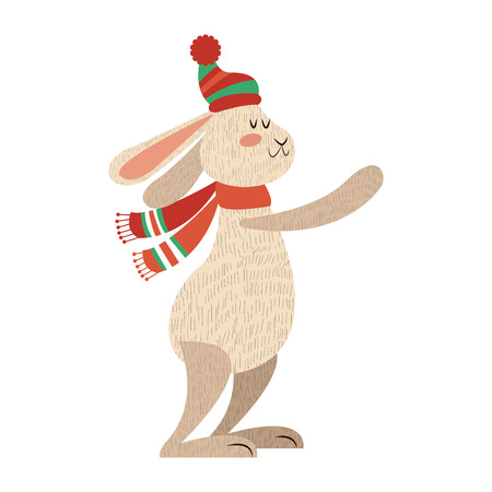 christmas rabbit animal funny character with hat and scarf vector illustrationのイラスト素材