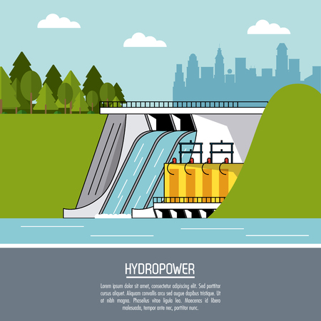 color landscape background hydropower plant renewable energy vector illustrationのイラスト素材