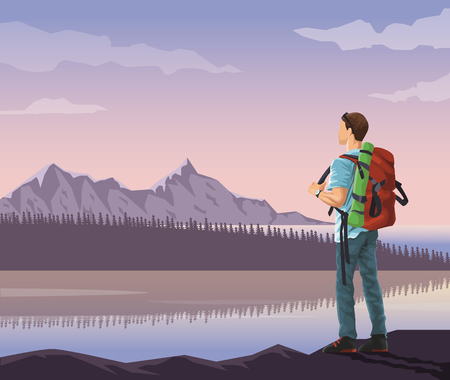 realistic landscape background of snowy mountains and lake with mountaing climber looking to horizont vector illustrationのイラスト素材