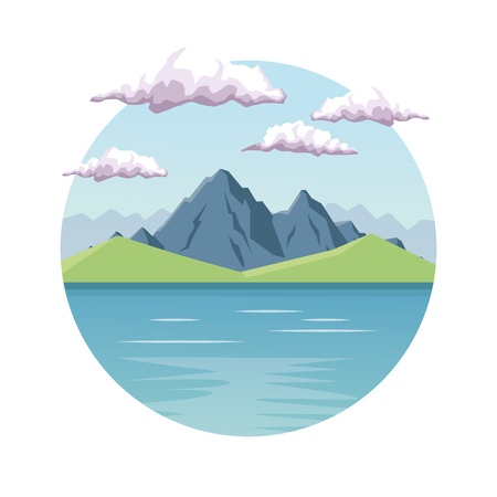White background with daytime landscape in round frame with mountain valley and lake vector illustrationのイラスト素材