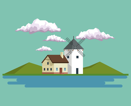 daytime background landscape of mountains and house with windmill and lake vector illustrationのイラスト素材