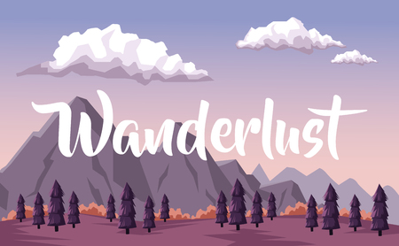 colorful background with dawn landscape of mountain and valley of trees with text wanderlust vector illustrationのイラスト素材