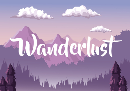 colorful background with dawn landscape with mountain valley covered by haze with text wanderlust vector illustrationのイラスト素材