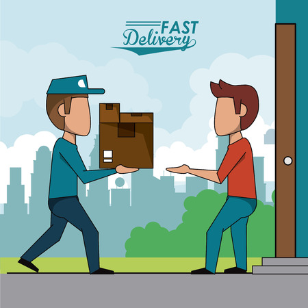 poster scene city landscape of fast delivery man with packages to customer vector illustrationのイラスト素材