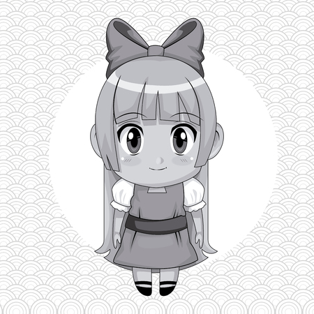 monochrome abstract background with circular frame and cute anime girl with bow lace in long straight hairstyle vector illustrationのイラスト素材