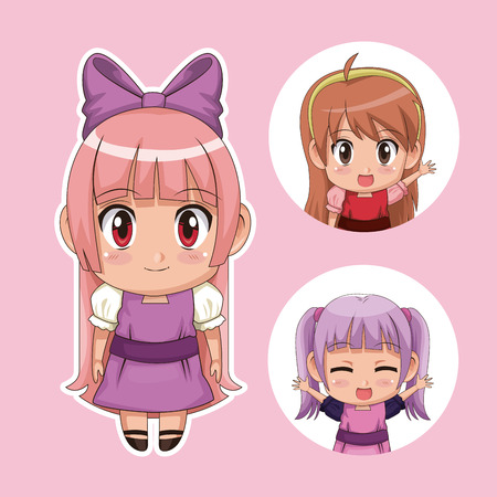 color set cute anime tennagers girl in dress with several facial expressions vector illustrationのイラスト素材
