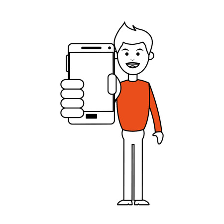 Flat line man holding smartphone over white background vector illustrationのイラスト素材