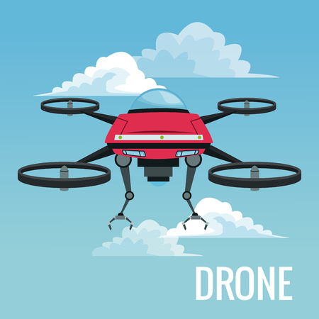 Sky landscape background robot drone with metal arms and four airscrew vector illustrationのイラスト素材