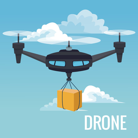 Sky landscape background robot drone carrying box with three airscrew vector illustrationのイラスト素材