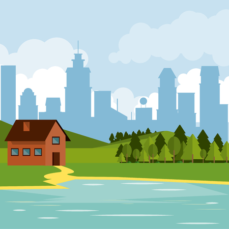 colorful background of natural landscape with country house and mountains and lake and city background vector illustrationのイラスト素材