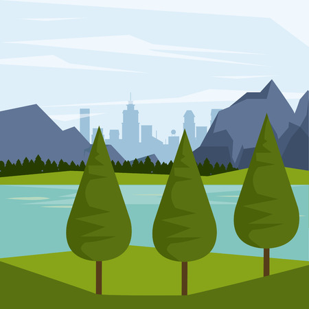 colorful background of natural landscape with mountains and river and city background vector illustrationのイラスト素材