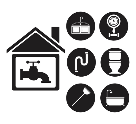 black silhouette house with faucet and set icons plumbing vector illustrationのイラスト素材