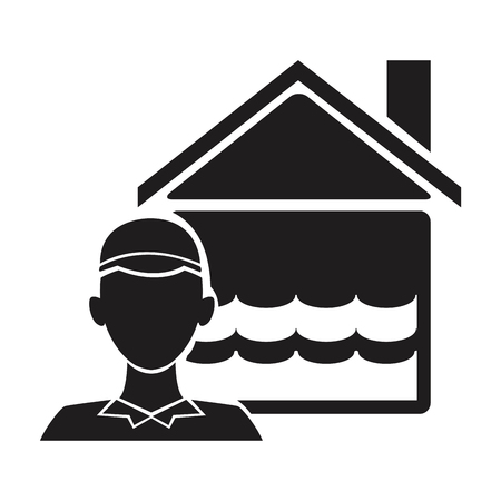 black silhouette plumber with flooded house icon vector illustrationのイラスト素材