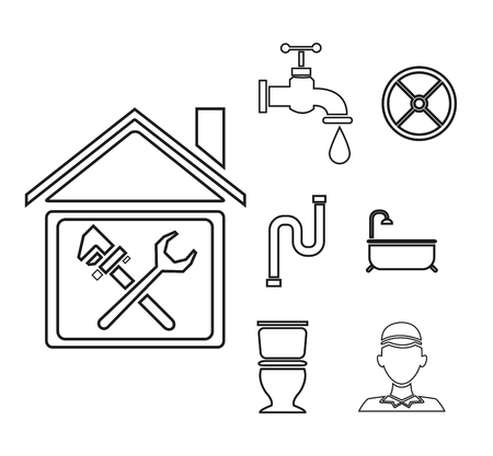 sketch contour house with wrench cross inside and icons plumbing outside vector illustrationのイラスト素材