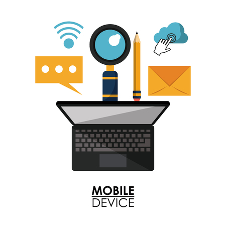 white background poster of mobile device with laptop computer and common icons in top view vector illustrationのイラスト素材