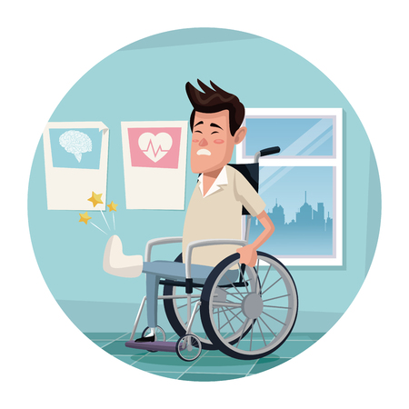 circular frame with color scene hospital room with man in wheelchair vector illustrationのイラスト素材