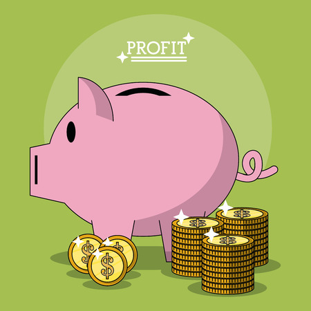 colorful poster with profit money box shape of pig and coins stacked vector illustrationのイラスト素材